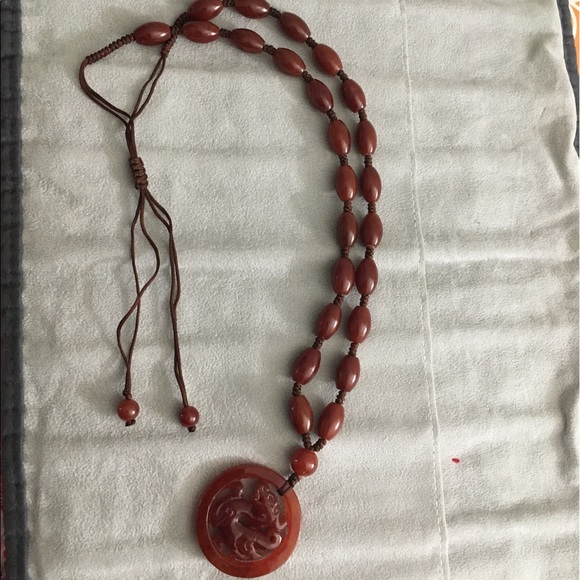 Carved Dragon Asian Natural Carnelian Necklace - Picture 10 of 12